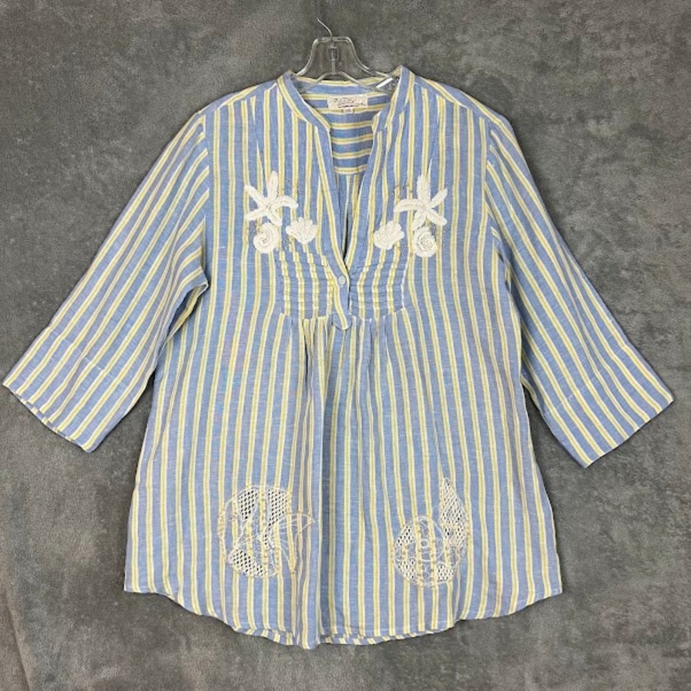 Antica Sartoria 100% Linen Tunic Top Womens L/XL Striped Nautical Lightweight